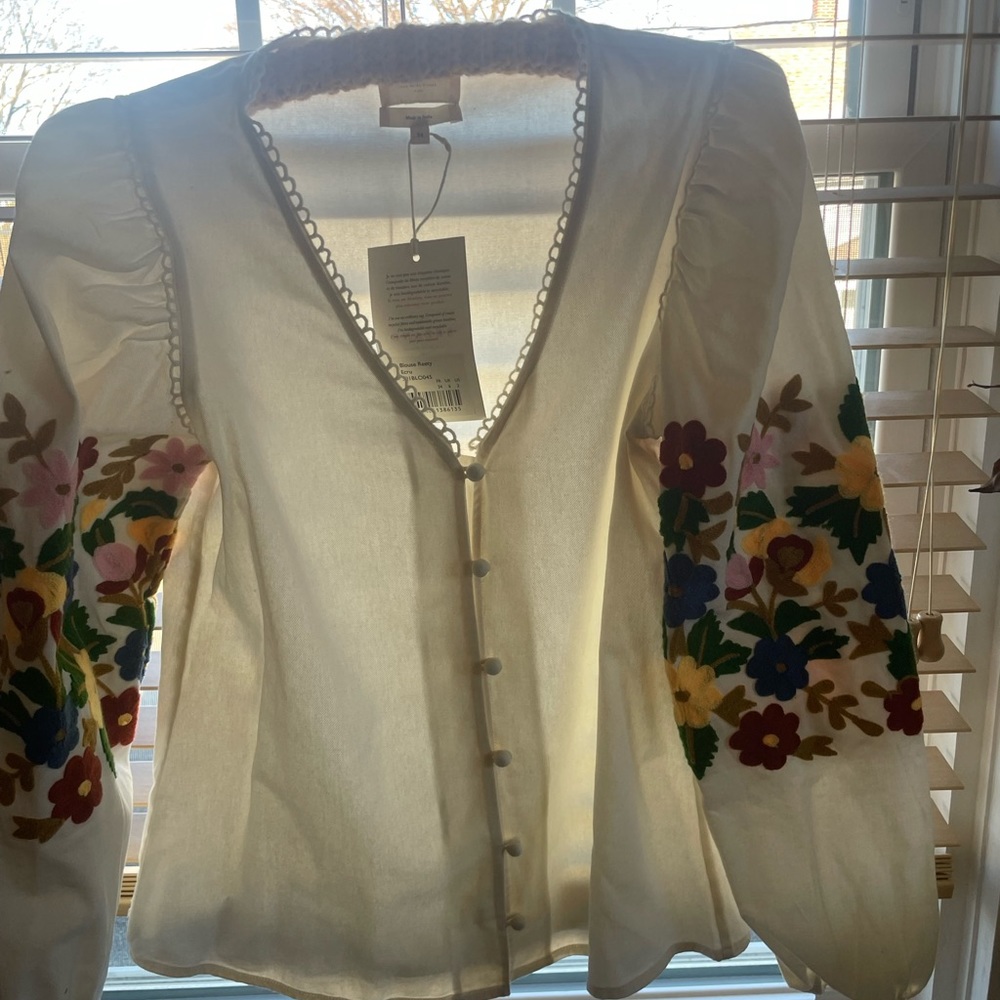 Sezane Reety White Button-Down Blouse with Multicolor Floral Embroidery - Picture 9 of 9